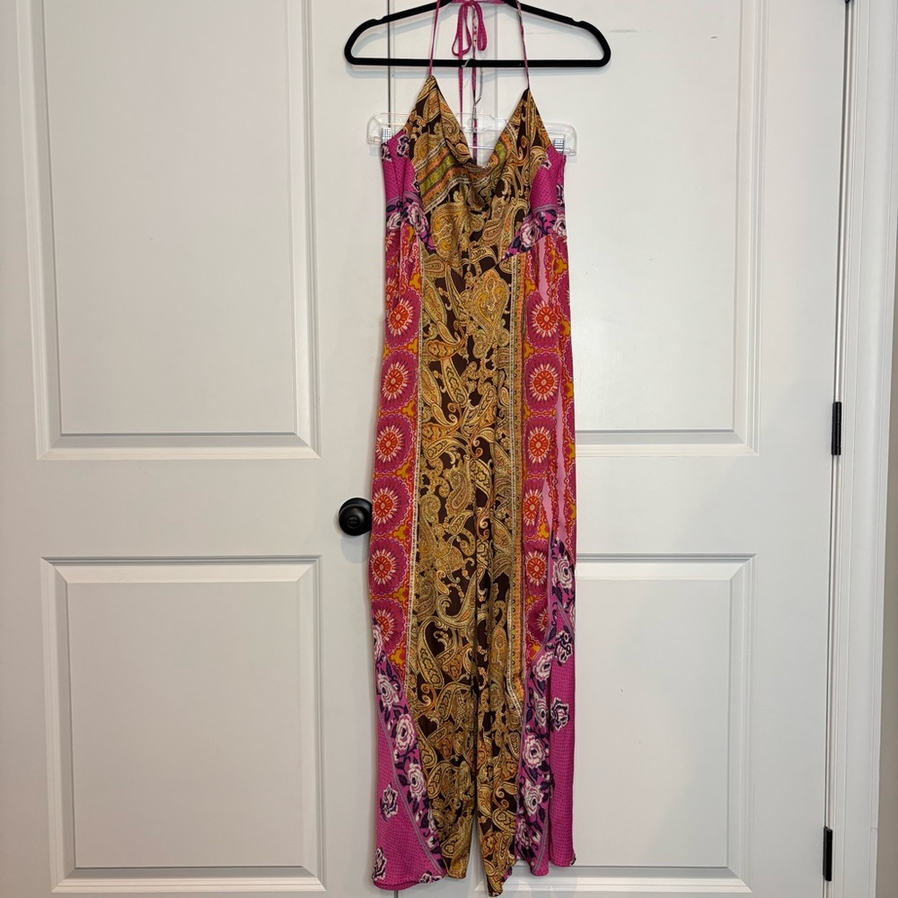 Free People Miranda Paisley Scarf Print Halter Wide Crop Leg Jumpsuit M - Picture 2 of 14